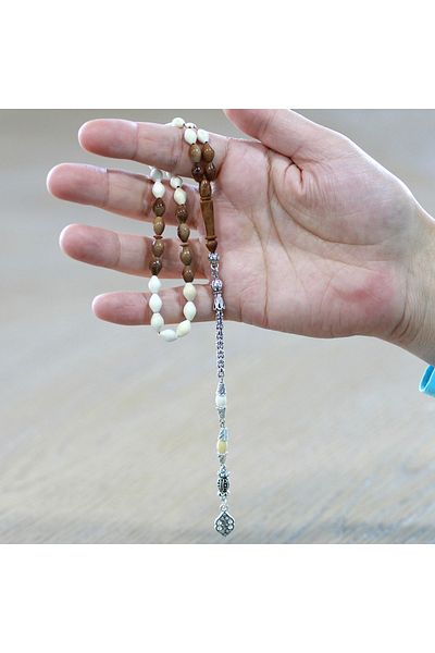 Tesbihane سلسلة معدنية متدلية من نوع Albanian Chain مع خرز من نوع Kuka Imameli Arpa Cut بلون طبيعي من عظمة الجمل