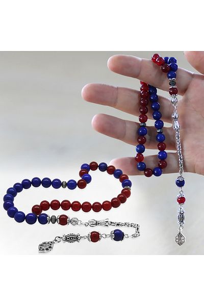 Tesbihane سلسلة معدنية متدلية على شكل كرة مقطوعة باللون الأحمر الداكن والأزرق اليشم الطبيعي من حجر اليشم M2