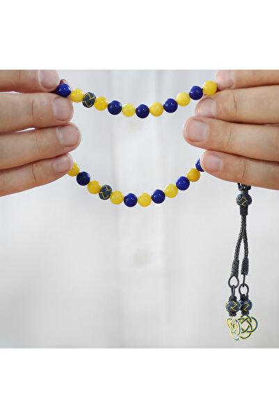 Tesbihane 1000 Sterling Silver Kazaz Tasseled Sphere Cut Yellow Navy Blue Jade Natural Stone Fan Prayer Beads
