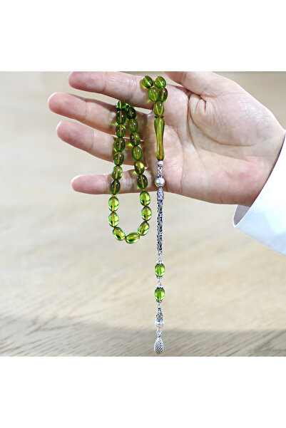 Tesbihane Ασημένιο 925 Κρεμαστό Κρεμαστό Χρυσό Χάντρες Προσευχής με Φούντα Στρουθοκαμήλου Ιμάμε Μπέιζι Κομμένο Πράσινο Καταλίν