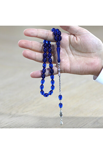 Tesbihane Non-Tarnish Metal Albanian Chain Tassel Pheasant Imame Beyzi Cut Navy Blue Catalin Prayer Beads
