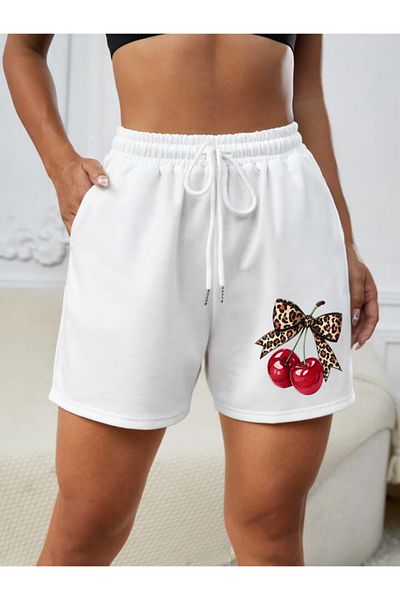 DEEPSENCE Women's White Shorts Comfortable Fit Cherry Patterncotton Fabric
