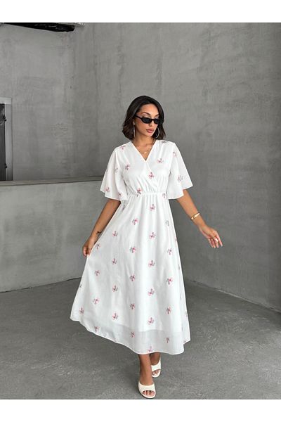 Lusin Rochie de vară cu mâneci scurte, cu model floral brodat, cu decolteu în V, piept și fustă