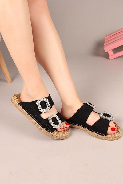 Birikon Janet Double Stone Buckle Slippers Black