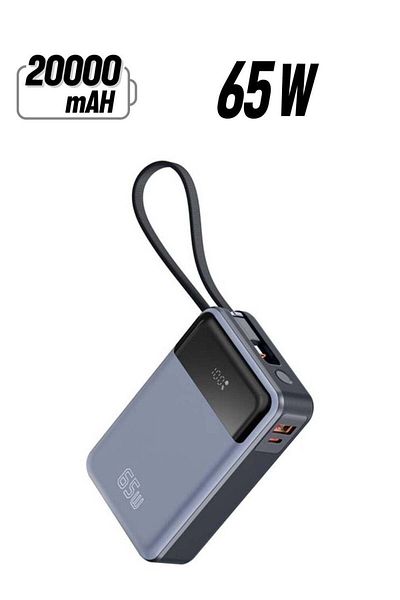 iOsuite Power Bank 20,000 mAh PD 65W Fast Charging (2 Ports) 1 USB-C & 1 USB-A with USB-C Cable - Grey- T173
