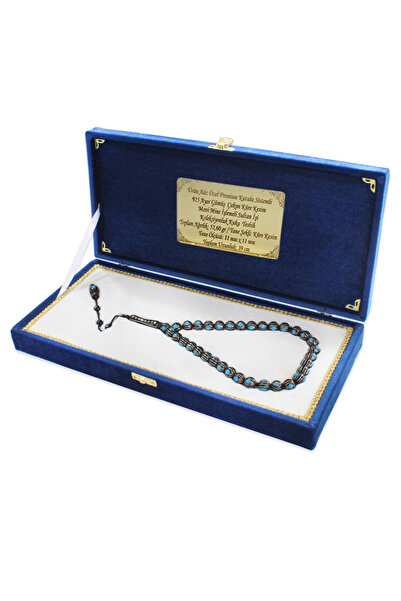 Tesbihane Premium Kutulu Sistemli 925 Ayar Gümüş Çakım Mavi Mine İşlemeli Sultan İşi Koleksiyonluk Kuka Tesbih