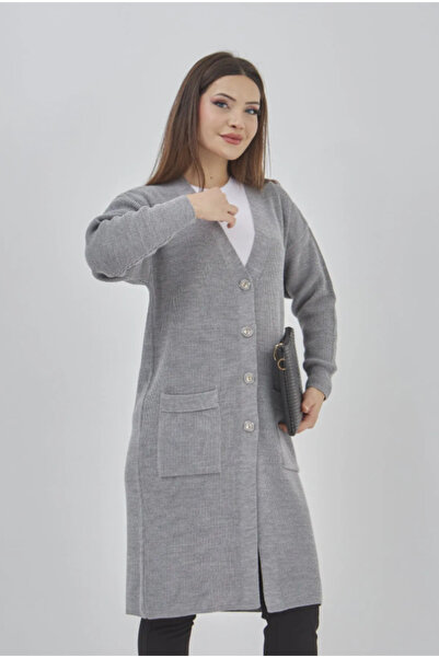 Stilmony Women's Knitwear Flexible Lycra Seasonal Button Detailed Pocketed Long Cardigan