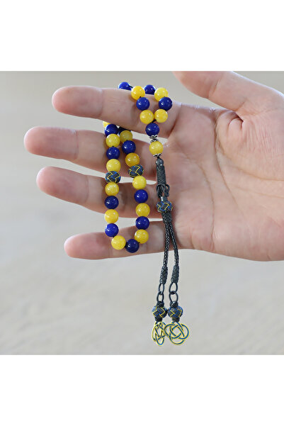 Tesbihane 1000 Sterling Silver Kazaz Tasseled Sphere Cut Yellow Navy Blue Jade Natural Stone Fan Prayer Beads