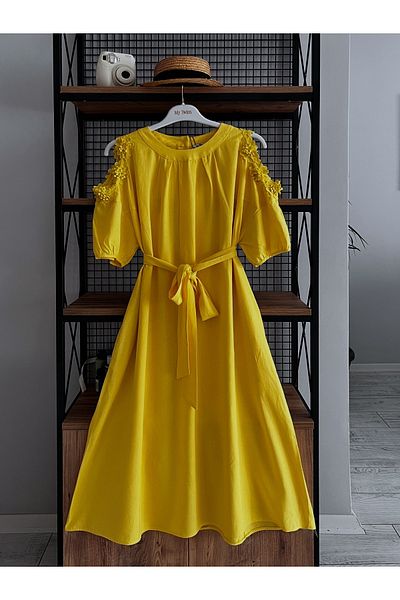 My twins Ewas Design Midi Length Off-The-Shoulder Belted Women's Cotton Plus Size Dress