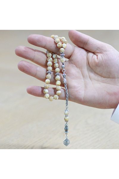 Tesbihane سبحة معدنية من الحجر الطبيعي باللون الأصفر مع شرابة على شكل سلسلة ألبانية غير قابلة للتلطيخ