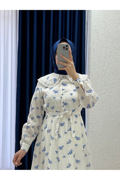 MİHRA STORE Oreledra Baby Collar Elastic Waist Floral Dress-Ay8650 Blue