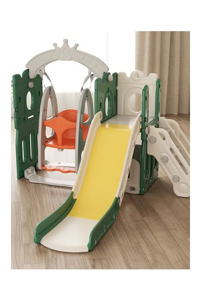 FULLJOY L-Shaped Tower Slide & Swing 145 + Ball & Basketball Frame + A-Shaped Crown (Closed)