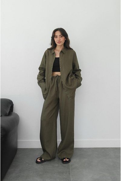Havoş Khaki Elastic 100% Linen Trousers