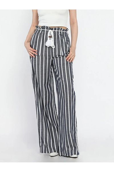 Stil Sepeti Women's Navy Blue Striped High Waist Knitted Belt Double Pocket Linen Trousers Tll-100723010