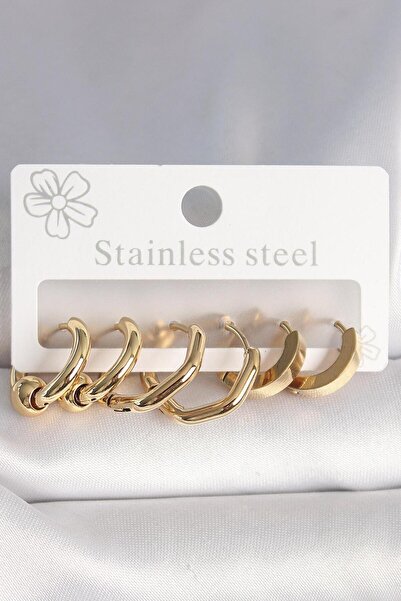 Genel Markalar 316L Çelik Gold Renk Altıgen Halka Model Kadın Küpe Seti