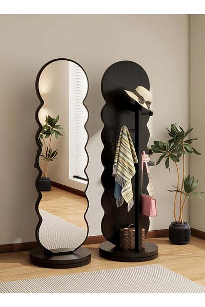 Taimi Wavy Swivel Mirror with Clothes Hanger and Storage Shelf for Bedroom Living Room Black 166x46cm