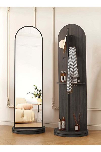 Taimi Arched Mirror with Clothes Hanger Storage Shelf for Bedroom and Living Room Grey Color 166x46cm