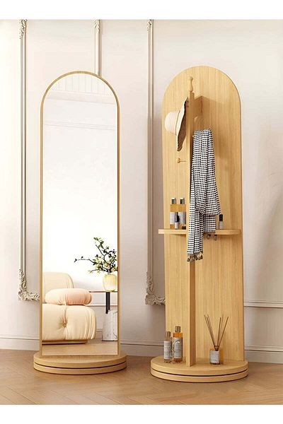 Taimi Arched Mirror with Clothes Hanger Storage Shelf for Bedroom and Living Room Wood Color 166x46cm