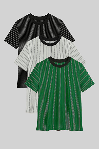 FATELLA Men's Striped Crew Neck 3-Piece Short Sleeve T-Shirt Black Gray Green