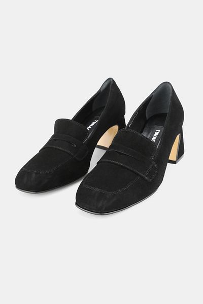 TUNAELLİ Women's Black Suede Genuine Leather 35-41 Number Medium Heel Loafer Shoes