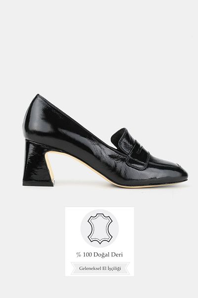 TUNAELLİ Women's Black Patent Leather Genuine Leather 35-41 Number Medium Heel Loafer Shoes