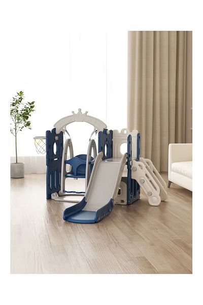 FULLJOY L-Shaped Tower Slide & Swing 145 + Ball & Basketball Frame + A-Shaped Crown (Closed)