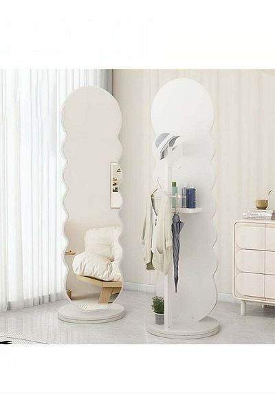 Taimi Wavy Swivel Mirror with Clothes Hanger and Storage Shelf for Bedroom and Living Room White 166x46cm
