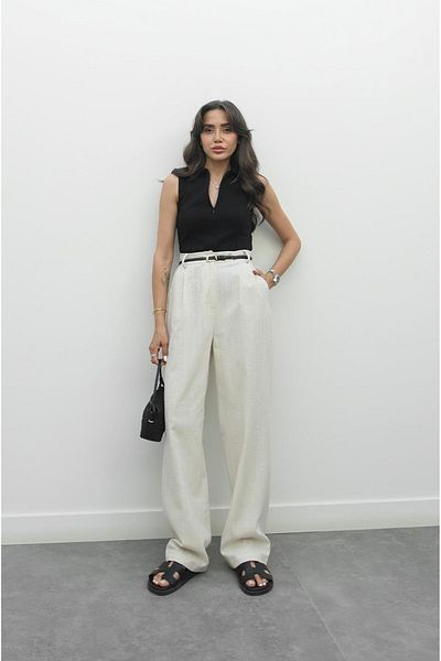 Havoş Natural Knitted Belted Linen Trousers