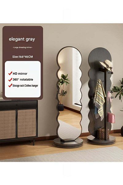 Taimi Wavy Swivel Mirror with Clothes Hanger and Storage Shelf for Bedroom and Living Room Grey 166x46cm