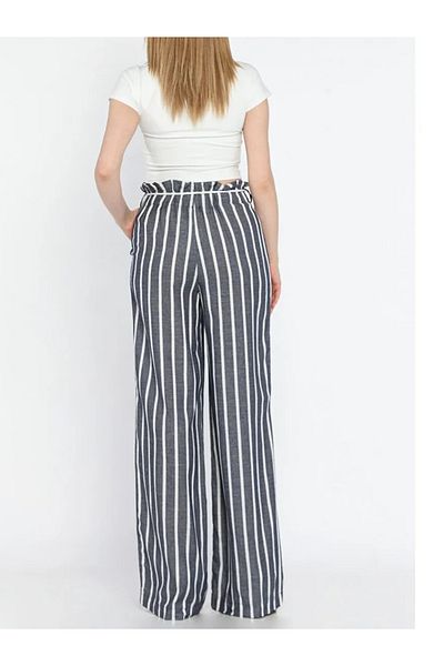 Stil Sepeti Women's Navy Blue Striped High Waist Knitted Belt Double Pocket Linen Trousers Tll-100723010