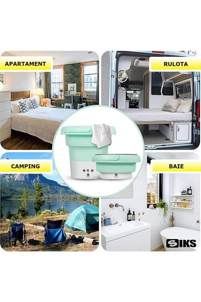 SIKS Mini Washing Machine, Portable And Foldable, 3 Washing Programs, Green/white