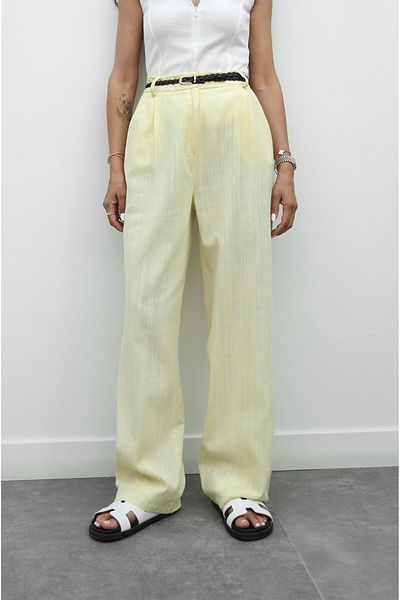 Havoş Light Yellow Knitted Belted Linen Trousers