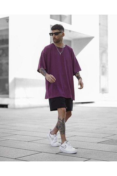 DEEPSENSE Men's Purple T-Shirt Black Combed Cotton Unprinted Short Suit