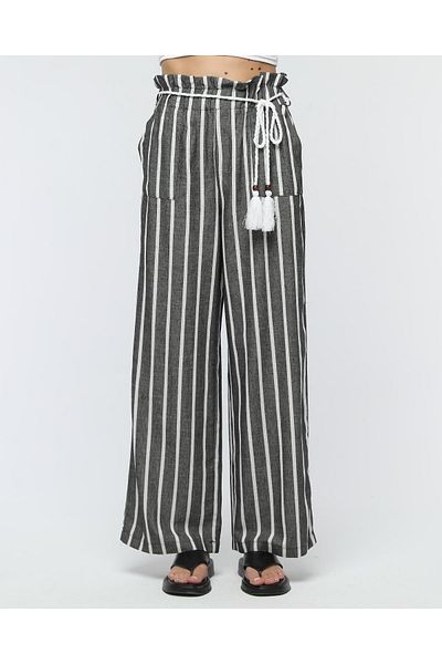 Stil Sepeti Women's Anthracite Striped High Waist Knitted Belt Double Pocket Linen Trousers Tll-100723010