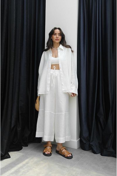 Havoş White Stitching Detailed 100% Linen Trousers