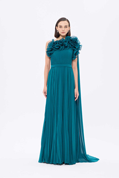 Atelier Pret 𝐄𝐋𝐈𝐒𝐀 Fırfır Yakalı İnce Pliseli Şifon Uzun Abiye