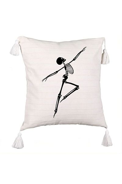 BEKZ Fringed Pillowcase with Halloween Skeleton 3 motif, 45x45 cm, Ecru, With zipper