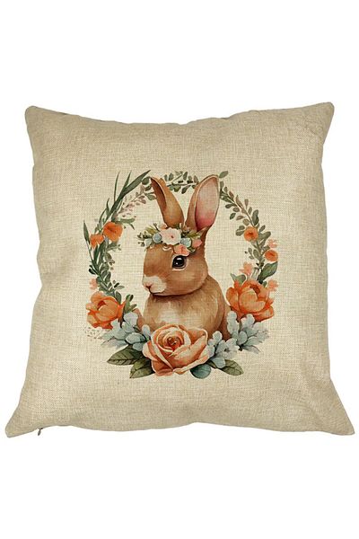 BEKZ Perna Decorativa Patrata Iepuras cu Coronita Florala, 40x40 cm, Husa Detasabila, Burduf