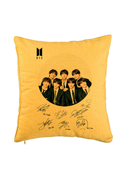BEKZ Perna Decorativa BTS Army in Costum cu Semnaturi, 40x40 cm, Galben, Husa...