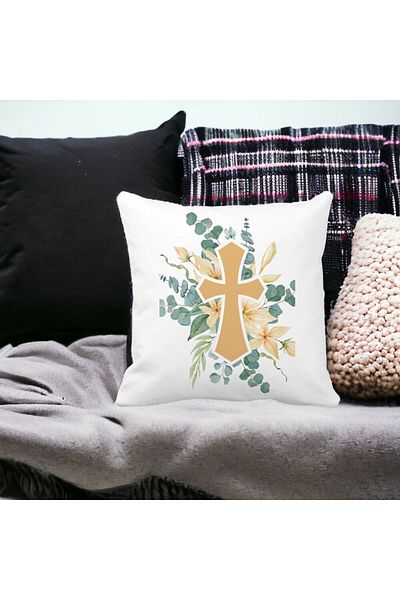 BEKZ Square Floral Pillowcase With Cross, 40x40 Cm, White, Matte