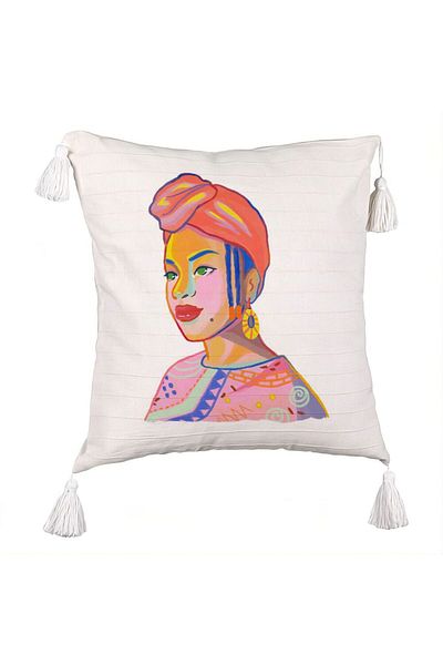 BEKZ Fringed Pillowcase, African Style Pattern, 45x45 cm, Ecru, With Zipper
