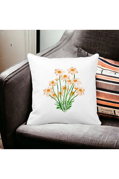 BEKZ Perna Decorativa Patrata Florale Margarete, 40x40 cm, Alba, Mata, Husa Detasabila, Burduf