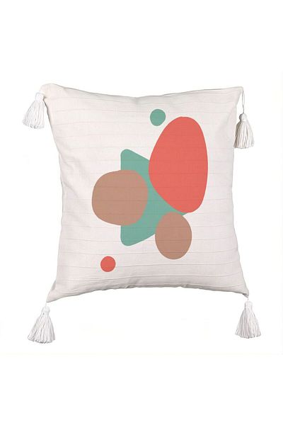 BEKZ Decorative Pillow with Fringes, Abstract Pattern 10, 45x45 cm, Ecru, With zipper