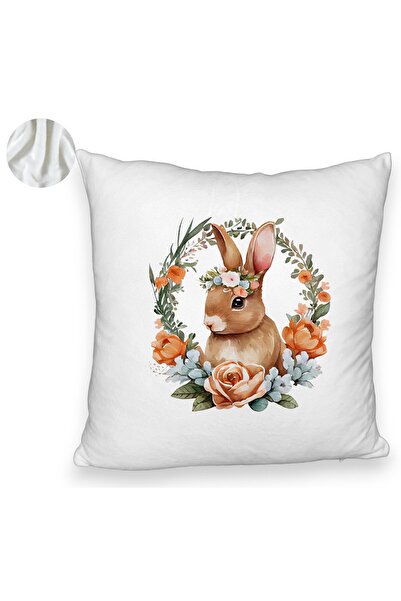 BEKZ Perna Decorativa Fluffy, Model Iepuras cu Coronita Florala, 40x40 cm, Alba, Husa Detasabila, Burduf