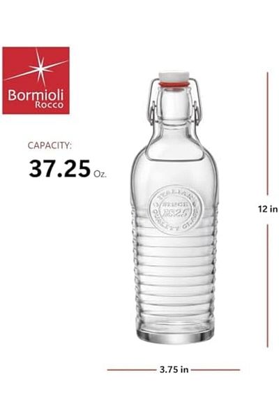 Bormioli Rocco Officina Water Bottle, Italian Glass Pitcher, Airtight Seal, Metal Clamp, Easy To Carry Handle, 1.2L
