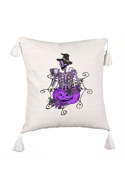 BEKZ Fringed Pillowcase with Halloween Skeleton Motif 4, 45x45 cm, Ecru, With zipper