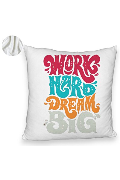 BEKZ Față de pernă pufoasă, model Work Hard Dream Big, 40x40 cm, albă