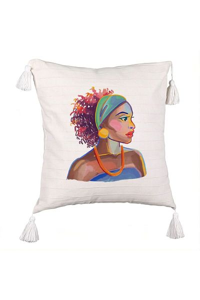 BEKZ Fringed Pillowcase, Golden African Pattern, 45x45 cm, Ecru, With zipper
