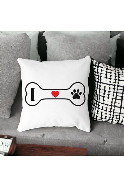 BEKZ Perna Decorativa Patrata I love Doggos, 40x40 cm, Alba, Mata, Husa Detasabila, Burduf