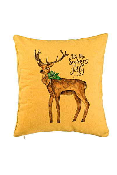 BEKZ Perna Decorativa de Craciun Ren si text, 3, 40x40 cm, Galben, Husa Detas...